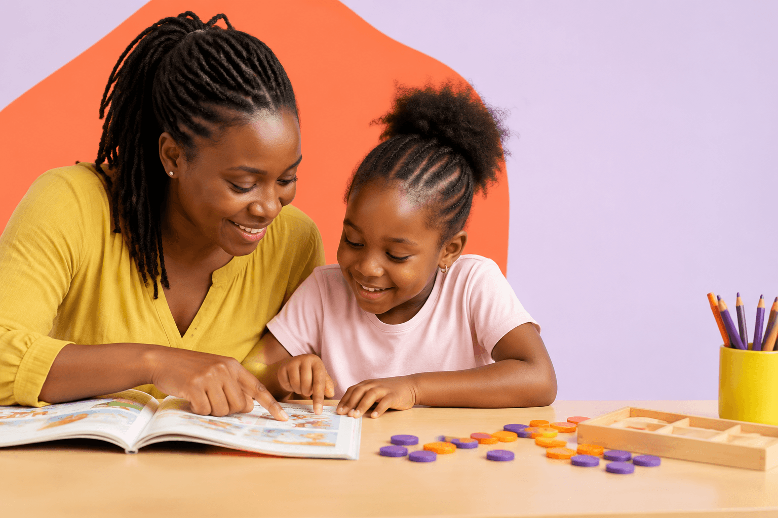 A Kenyan mother and daughter sharing a relaxed learning moment at home